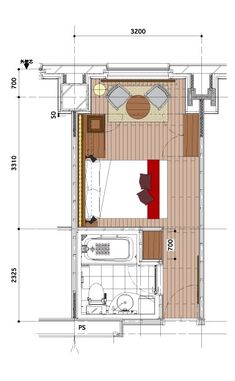 the floor plan for a small bedroom with an attached bathroom and living room in it