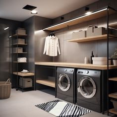 a washer and dryer in a room with shelves