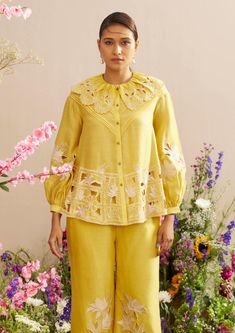 Editor's Note Featuring a yellow chanderi contrast applique and cutwork shirt Note: Pant worn by model is for styling purposes and can be purchased separately. Color: Yellow Fabric: Chanderi Co... Yellow Tops With Chikankari Embroidery For Spring, Yellow Long Sleeve Top With Resham Embroidery, Yellow Chikankari Embroidery Top For Spring, Designer Yellow Summer Tops, Festive Yellow Top With Chikankari Embroidery, Yellow Chikankari Embroidered Festive Top, Yellow Long Sleeve Blouse With Resham Embroidery, Yellow Resham Embroidery Top For Spring, Spring Yellow Tops With Resham Embroidery