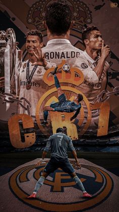 two men playing soccer in front of a giant poster with the words ronaldo on it