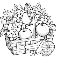 a black and white drawing of fruit in a basket