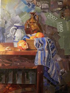 a painting of a table with a vase and other items on it, all in different shades of blue