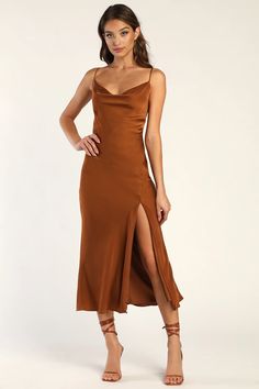 Satin Dress - Slip Dress - Cowl Neck Dress - Brown Midi Dress - Lulus Earth Tone Dress, Elegant Midi Dress, Brown Midi Dress, The Perfect Date, Elegant Midi Dresses, Lulu Fashion, Brown Satin, Cowl Neck Dress, Midi Slip Dress