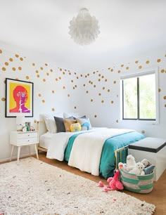 a child's bedroom with polka dots on the wall