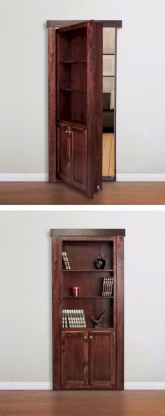 this bookcase is built into the wall and has an open door to reveal it