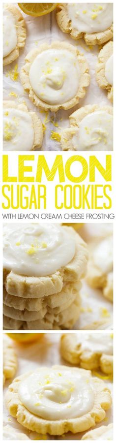 lemon sugar cookies with lemon cream cheese frosting are stacked on top of each other