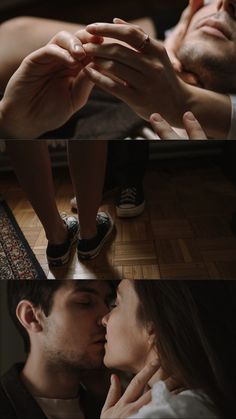 two people kissing each other on the floor