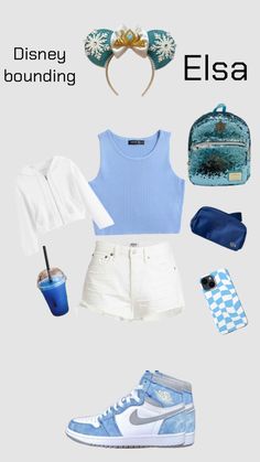 a blue and white outfit with headbands, shoes, backpack and purse