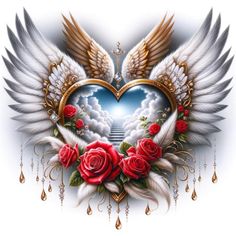 a heart with wings and roses on it