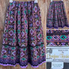 Vintage Carefree Fashions Scottsdale, Arizona Southwestern Skirt XS ?. I do not see a size on this skirt. My assumption would be an XS but please go by measurements rather than assumption. The fabric is not stretchy. But, the waist has elastic so it does have some stretch. Resting, waist measures 11” from side to side. Fully extended to an unreasonable amount measures 17 1/2” from side to side. It is in no way reasonable to stretch or wear the skirt this taut. In my opinion, it most reasonably s Carefree Fashion, Western Skirts, Ribbon Skirts, Vintage Skirts, Cowgirl Western, Scottsdale Arizona, Skirt Belt, Scottsdale Az, Vintage Skirt