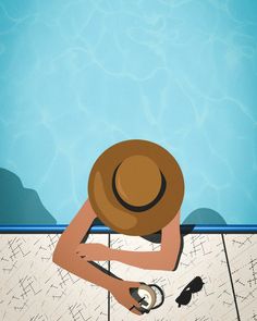 a man sitting on the ground next to a swimming pool wearing a hat and sunglasses