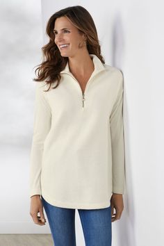 Lavish comfort in plush Sherpa fleece at the front and back body, with contrast rib-knit at the mock neck and dropped sleeves. Partial zip placket and curved hem. Linen Wrap Top, Raven Dress, Athena Dresses, Tencel Dress, Wrap Tunic, Gauze Tunic, Gauze Shirt, Stella Dress, Turtleneck Tunic