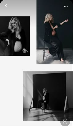 black and white photos of women in different poses, one woman sitting on a chair