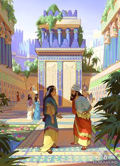 two people standing in front of an egyptian temple