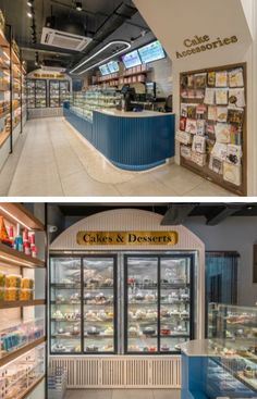 the inside and outside of a bakery store