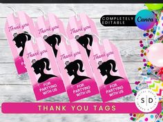 thank you gift tags with the silhouette of a woman's head in pink and black