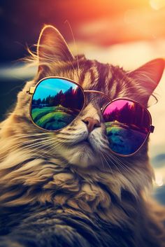 a cat wearing sunglasses with the reflection of trees in it's eyes