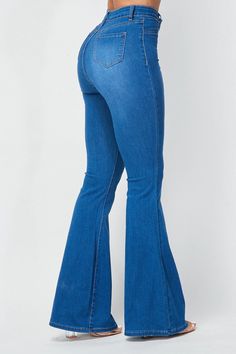 Classic Light Wash Flare Jeans High Waisted Plenty of Stretch 66% Cotton, 30% Polyester, 2% Rayon, 2% Spandex Flare Jeans High Waisted, High Waisted Bell Bottom Jeans, Light Wash Flare Jeans, High Waisted Flare Jeans, Jeans High Waisted, Bottom Jeans, High Waisted Flares, Bell Bottom, Dark Denim