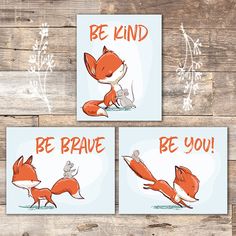 three cards with the words be kind, be brave and an image of a fox