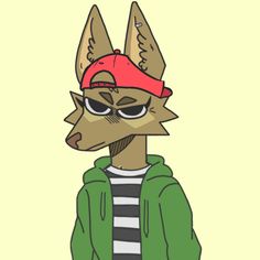 a drawing of a dog wearing a red hat and green jacket with sunglasses on it's head