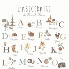 the letters and numbers in french are shown with animals, flowers, and leaves on them