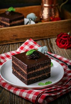 a piece of chocolate cake sitting on top of a white plate next to a red and white checkered napkin