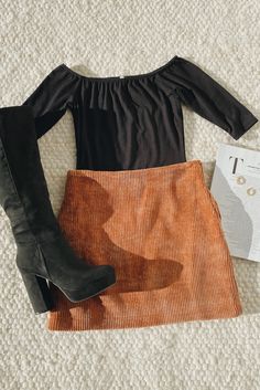 Lulus Always a Good Look Brown Corduroy Mini Skirt is an instant classic and a wardrobe staple! All you need to complete this cute fall outfit are the Layyney Black Suede Platform Knee High Boots and Upstage Black Off-the-Shoulder Top! #lovelulus Women Fall Outfits, Sweaters Fall, Clothes Fall, Corduroy Mini Skirt, Leather Outerwear, Fall Clothing, Brown Corduroy, Fall Clothes, Tumblr Fashion