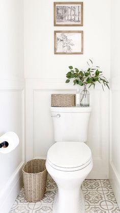 a white toilet sitting in a bathroom next to a basket filled with flowers and plants