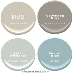 four different shades of paint for the home and office, including gray, white, blue, and beige