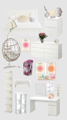 white furniture and accessories are arranged in a collage, including a bed, dresser, chair, mirror, vase with flowers on it