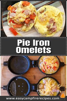 an image of pie iron omelets in cast iron pans with text overlay