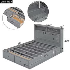 an image of a bed with drawers in the bottom and top section showing measurements for each drawer