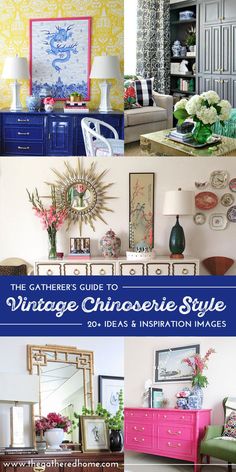 a collage of photos with the words vintage chicque style in blue and yellow