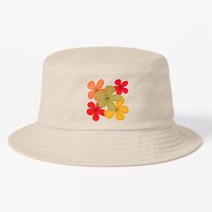 Get my art printed on awesome products. Support me at Redbubble #RBandME: https://www.redbubble.com/i/bucket-hat/Retro-flower-doodles-by-CreaTwinkles/163893565.51XZU?asc=u Bucket Hat Design, Flower Doodles, Red Green Yellow, Retro Color, Retro Flowers, Hat Designs