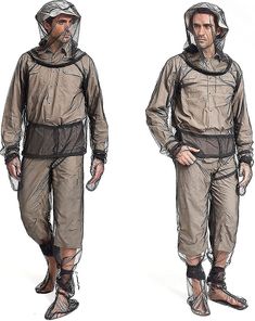 two images of a man in rain gear