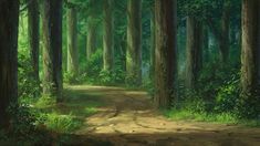 a painting of a dirt road in the middle of a forest filled with tall trees