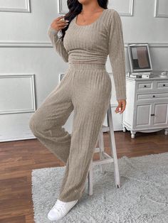 2pcs Plus Size Knitted Fitted Comfy Athleisure Set, Suitable For Streetwear, Homewear & Outdoor Apricot Casual  Long Sleeve Knitted Fabric Plain  High Stretch  Women Plus Clothing, size features are:Bust: ,Length: ,Sleeve Length: Bell Sleeve Crop Top, Drawstring Waist Pants, Effortless Outfit, Crop Top Tees, Cropped Tops, Long Sleeve Knit Tops, Loungewear Set, Round Neck Tops, Knit Crop