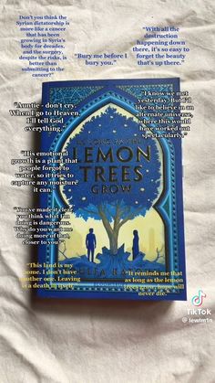 the book lemon trees grow is sitting on top of a white sheet with blue lettering