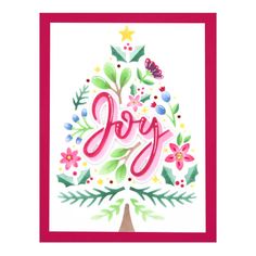 a christmas card with the word joy written in pink and green on top of a tree