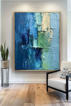 Original abstract painting with blue and green textured brushstrokes on canvas, framed in wood Textured Art, Painting Art Projects, Green Wall, Art Abstrait, Contemporary Decor