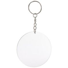 a white round keychain hanging from a metal chain on a white background with clippings