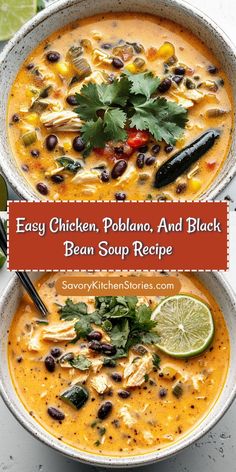 Looking for a quick, flavorful meal? Try this Easy Chicken, Poblano, and Black Bean Soup! This hearty dish features succulent chicken, roasted poblanos, and nutrient-packed black beans, making it perfect for any occasion. Ready in no time, it’s a cozy dish everyone will love. Check out the recipe! Creamy Chicken Poblano Soup, Creamy Chicken Poblano, Soup With Black Beans, Chicken Poblano Soup, Chicken Poblano, Poblano Chicken, Poblano Soup, Poblano Peppers Recipes, Black Bean Soup Recipe