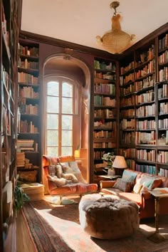 a living room filled with lots of furniture and bookshelves covered in bookcases