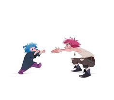 two cartoon characters, one with pink hair and the other in black pants are facing each other