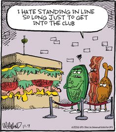 a cartoon strip with an image of a giant sandwich and two people standing in front of it