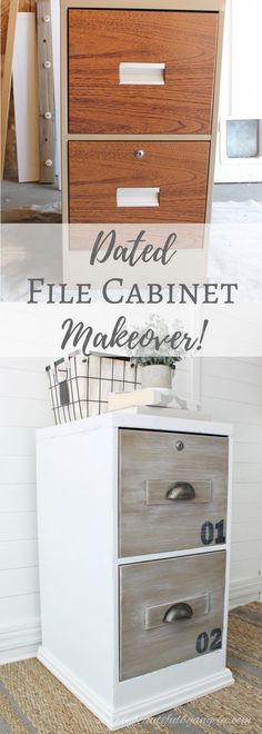 an old dresser is painted white and has the words natural file cabinet makeover on it