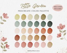 the little garden procreate color palette is shown in various colors and sizes, including pink