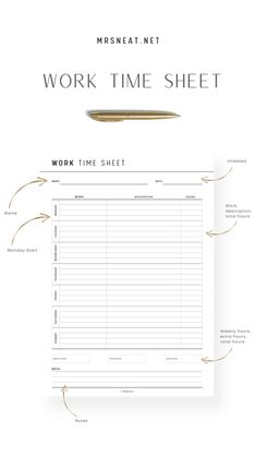 the work time sheet is shown with arrows pointing up to it and an image of a pen