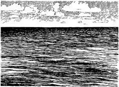 the ocean and sky are drawn by hand with ink on paper, vintage line drawing or engraving