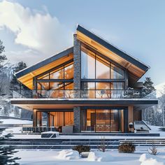 a modern house in the middle of winter with snow on the ground and trees around it